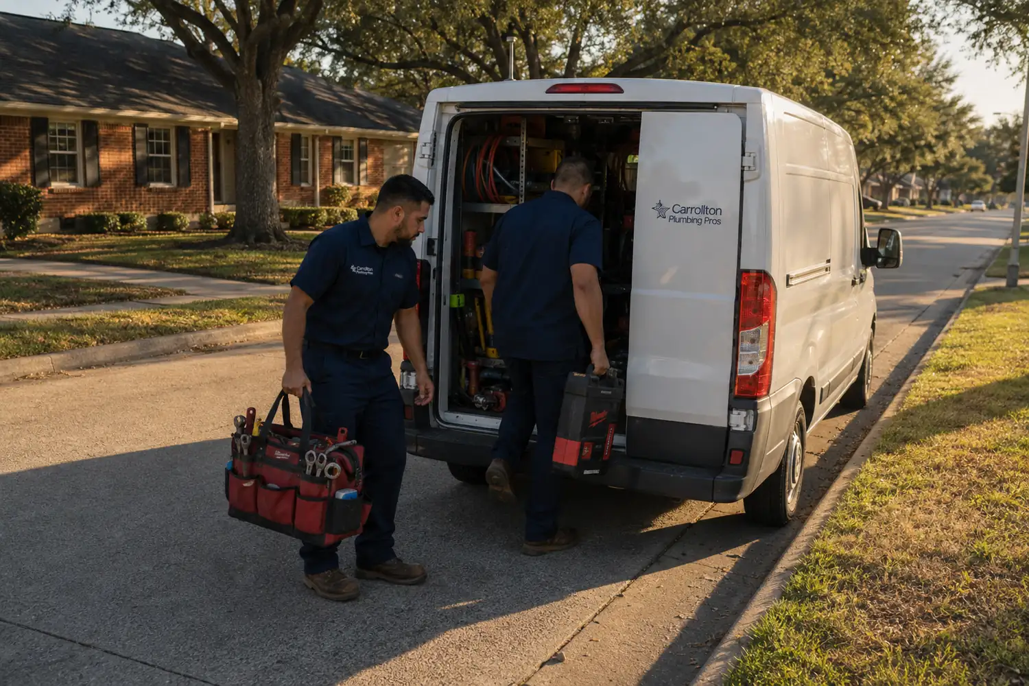 Carrollton Plumbing Pros crew loading tools into a service van on a Carrollton, Texas street of one-story brick ranch homes