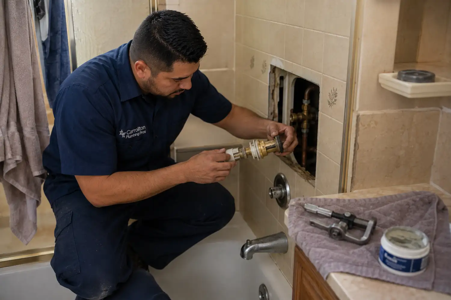Bathroom plumbing Carrollton TX plumber replacing a shower valve cartridge through an open drywall access panel
