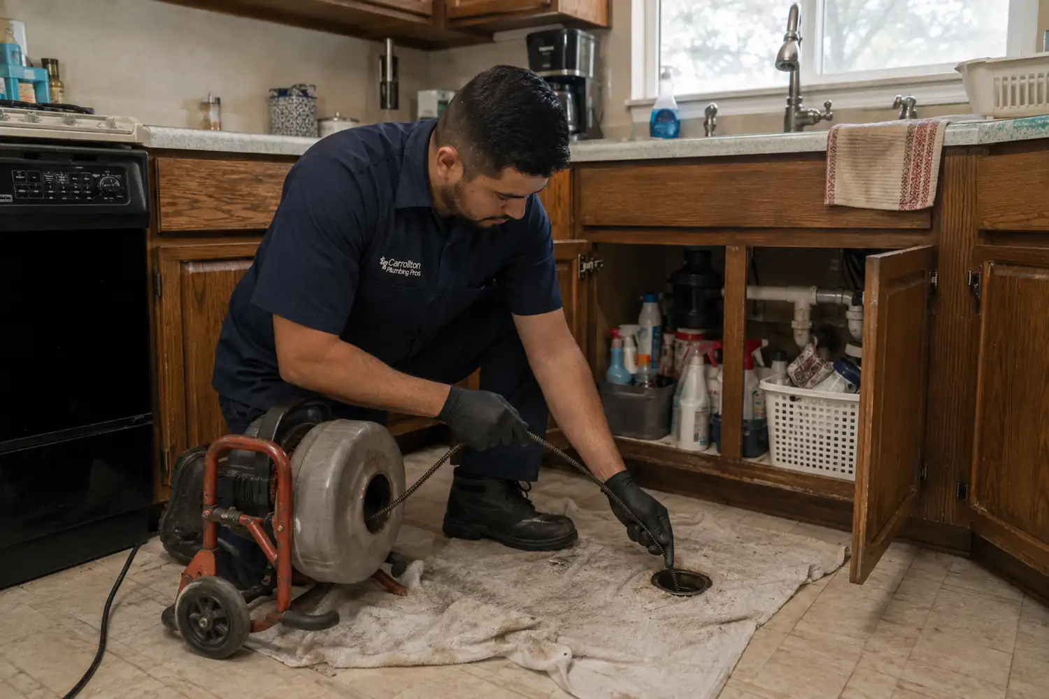 Drain cleaning Carrollton TX plumber feeding an auger cable into a floor cleanout beside a kitchen sink cabinet