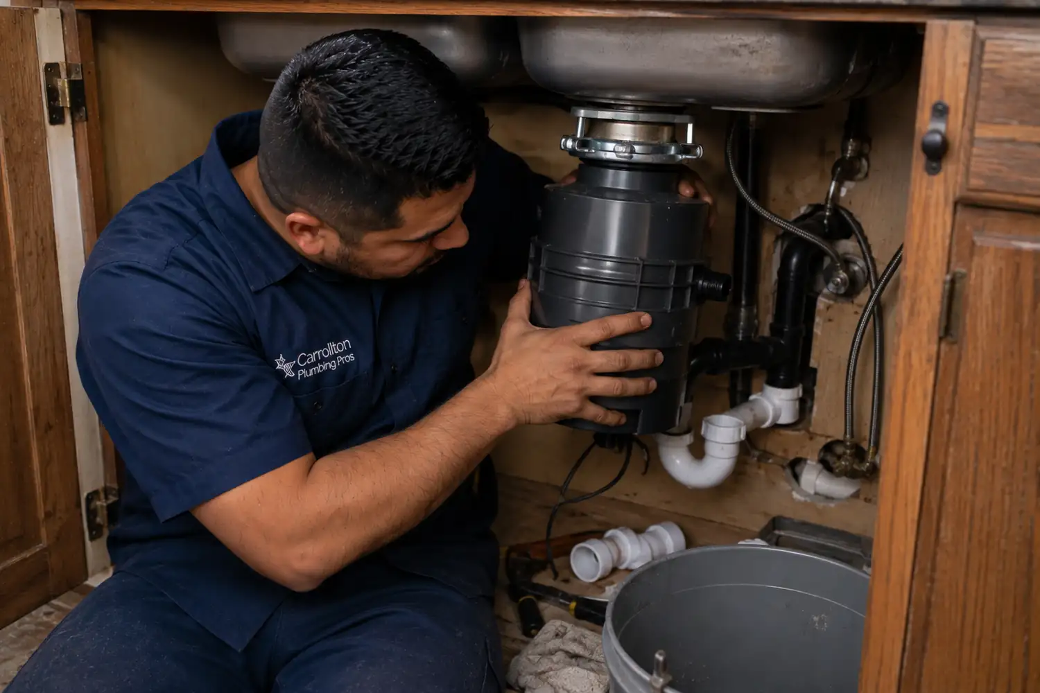 Garbage disposal repair Carrollton TX plumber twisting a new disposal unit onto the mounting ring under a double sink