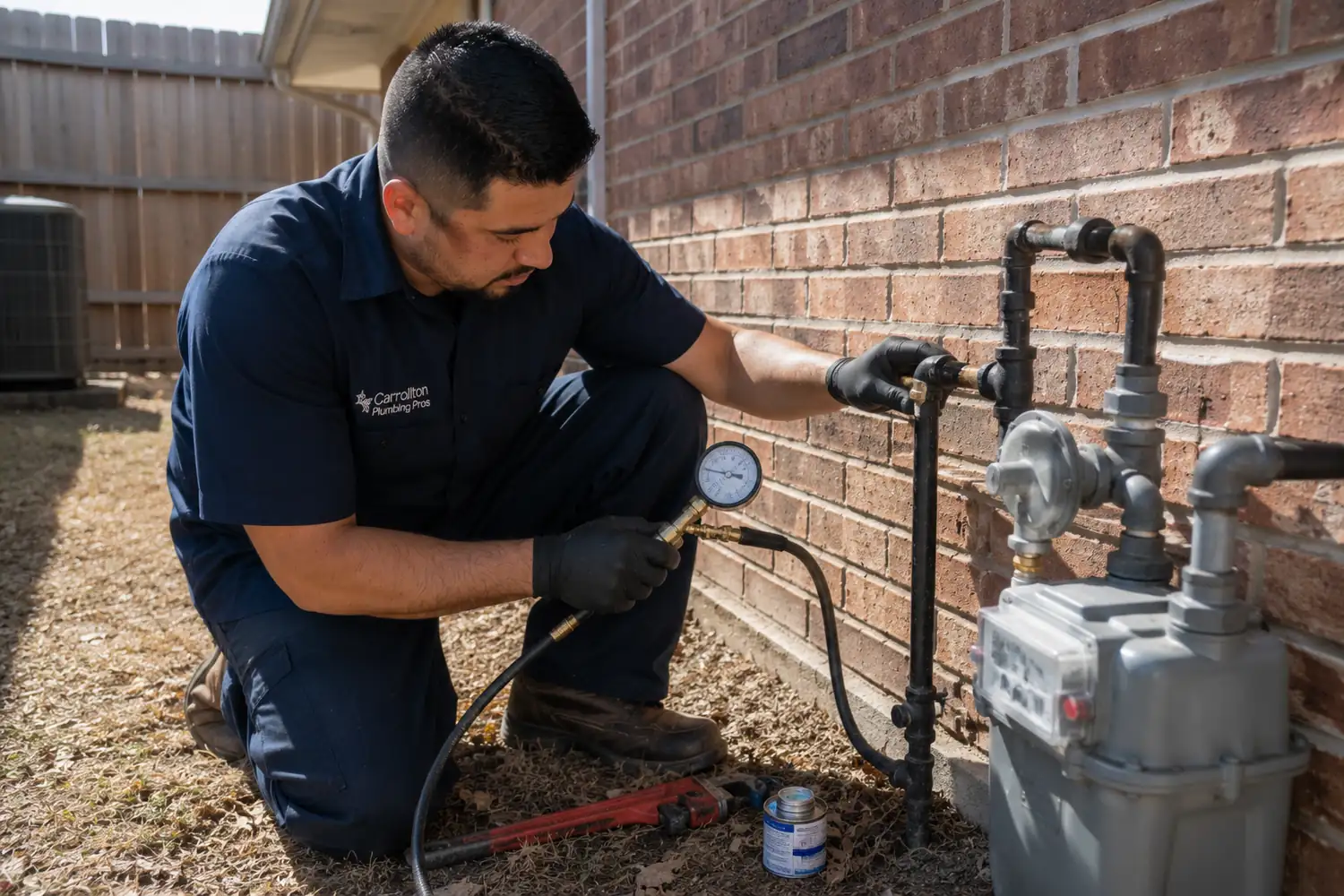 Gas line repair Carrollton technician attaching a manometer test gauge to a black iron line at an exterior meter set