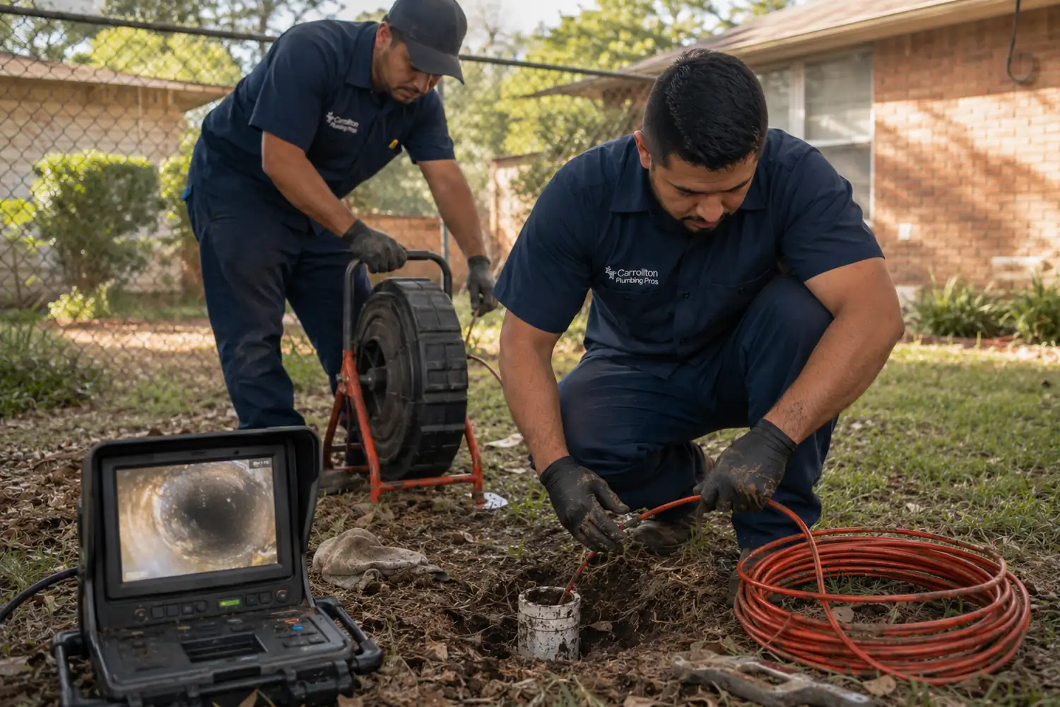 Sewer line repair Carrollton TX crew feeding an inspection camera into a backyard cleanout with the monitor on the grass
