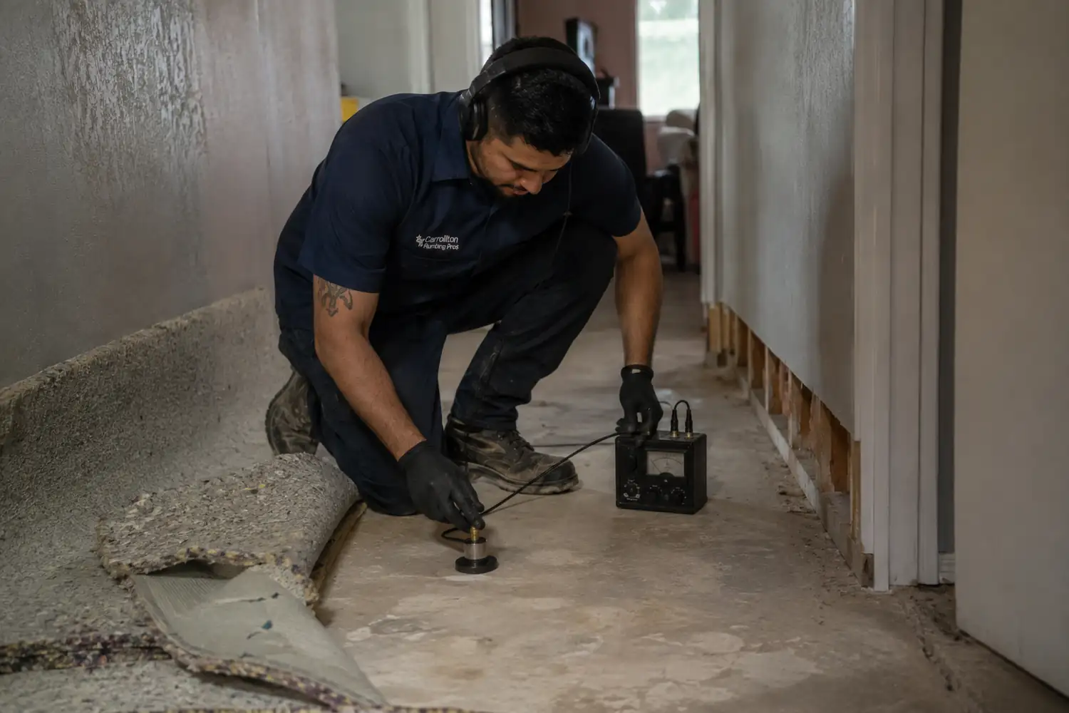 Slab leak repair Carrollton crew listening on a bare concrete slab where the hallway carpet has been pulled back