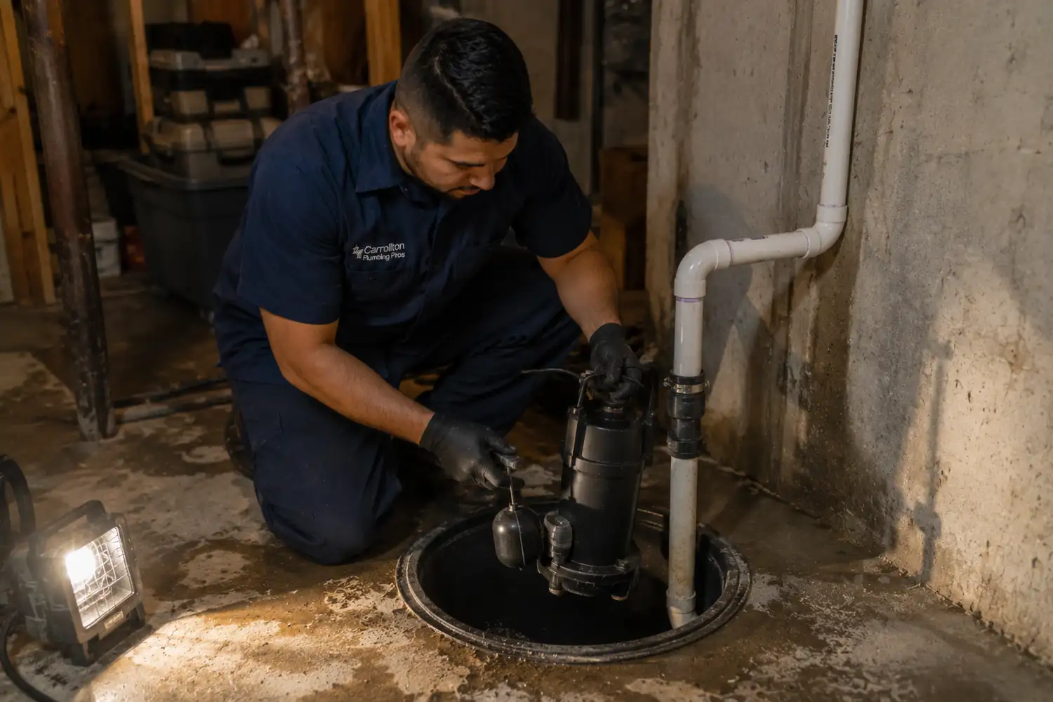 Carrollton sump pump repair plumber lowering a new pump into a sump basin and checking the float switch