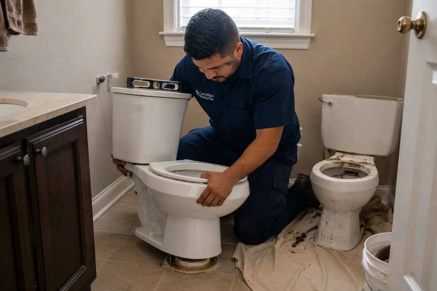 Toilet repair Carrollton TX plumber lowering a bowl onto a fresh wax ring and closet flange in a tiled bathroom
