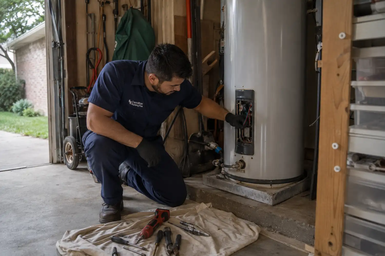Water heater repair Carrollton TX technician testing the thermostat on a tank heater in an attached suburban garage