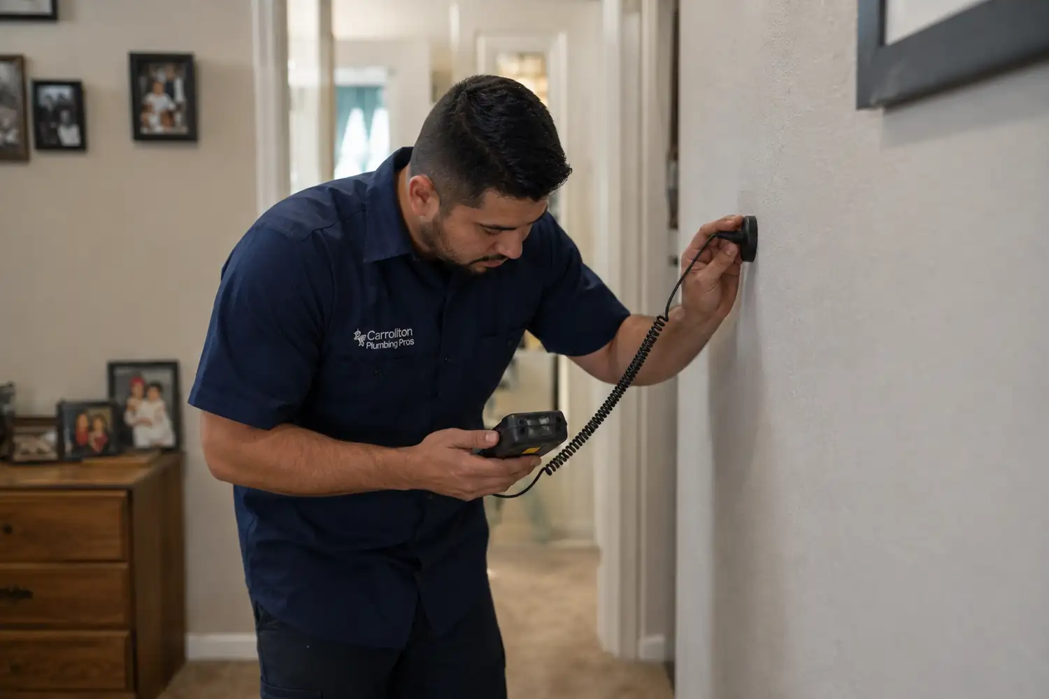 Leak detection Carrollton TX technician holding an electronic probe against a hallway wall while reading a handheld meter