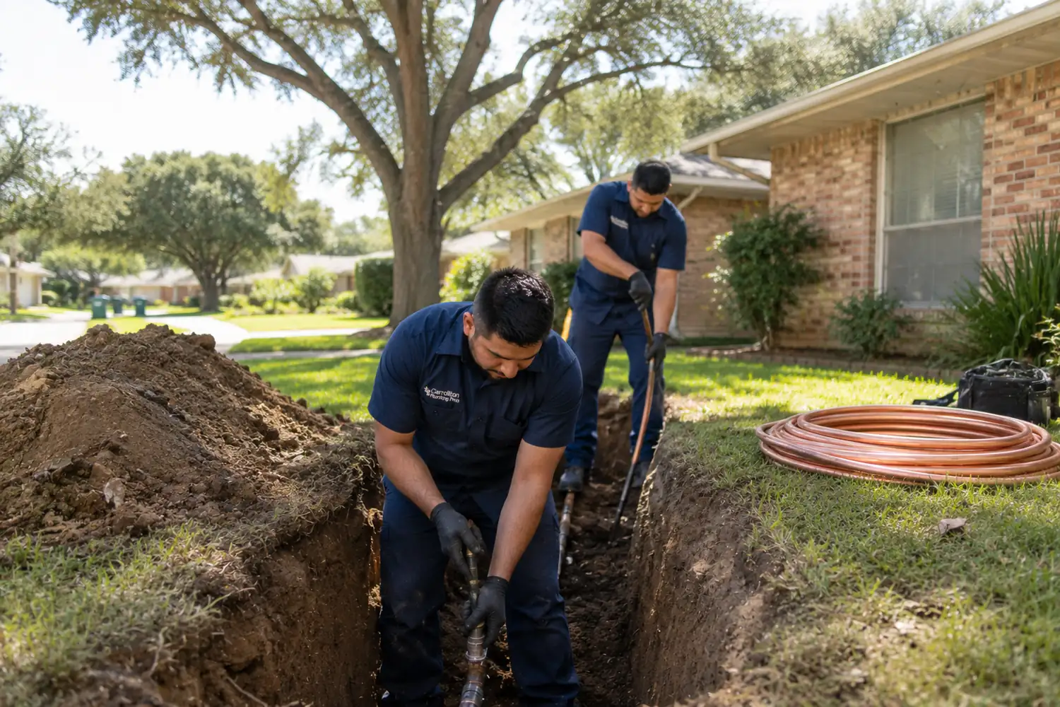 Water line repair Carrollton TX crew in an open trench across a front lawn with new copper service line staged beside it